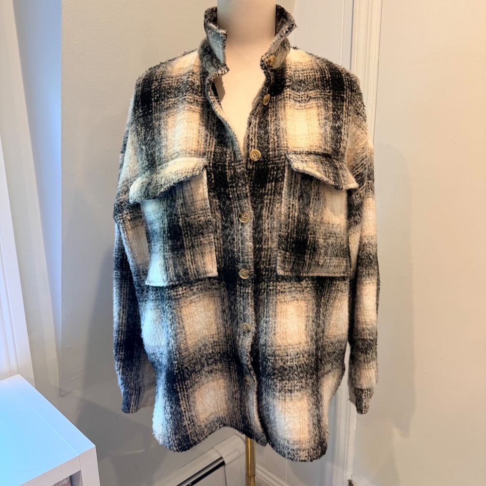 12th Tribe Black Cream Plaid Oversized Utility Shacket Jacket | Size S